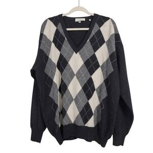 Ermenegildo Zegna Argyle Virgin Wool Sweater Sz XL Gray Pullover Preppy Old Mone